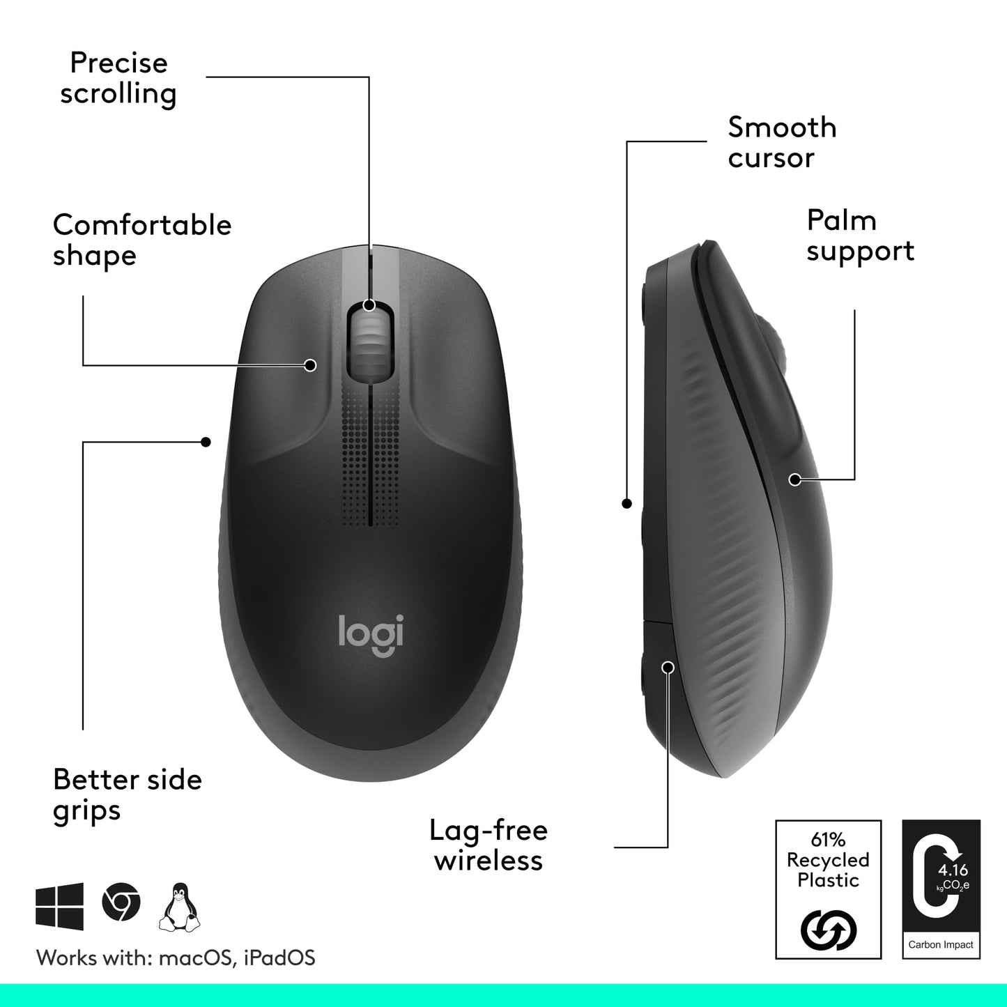 Logitech M190 Wireless Mouse , Full Size Ambidextrous Curve Design, 18-Month Battery with Power Saving Mode, USB Receiver, Precise Cursor Control + Scrolling, Wide Scroll Wheel, Scooped Buttons -Black