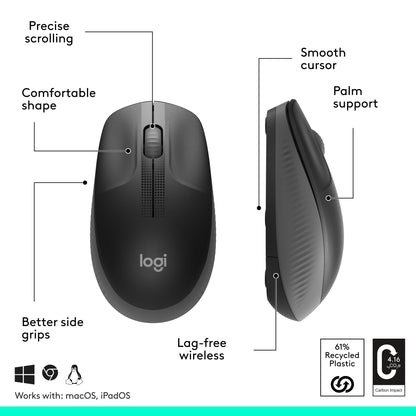 Logitech M190 Wireless Mouse , Full Size Ambidextrous Curve Design, 18-Month Battery with Power Saving Mode, USB Receiver, Precise Cursor Control + Scrolling, Wide Scroll Wheel, Scooped Buttons -Black