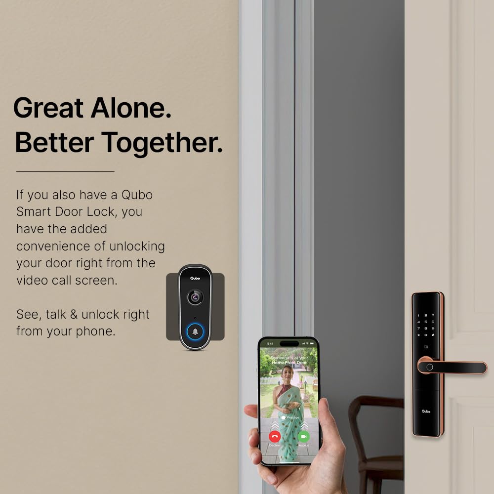 Qubo Smart WiFi Video Doorbell Pro 2K from Hero Group | Instant Phone Visitor Video Call | Intruder Alarm | 3MP 1296P Resolution | 2-Way Talk | Alexa & OK Google | Plug and Play Chime | 2024 Launch