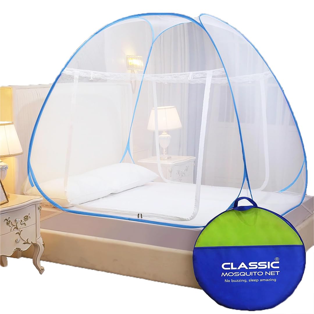 Classic Mosquito Net for Double Bed | King Size Foldable Machardani | Polyester 30GSM Strong Net | PVC Coated Corrosion Resistant Steel Wire - Blue