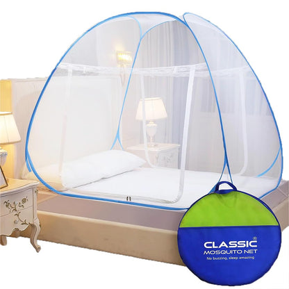 Classic Mosquito Net for Double Bed | King Size Foldable Machardani | Polyester 30GSM Strong Net | PVC Coated Corrosion Resistant Steel Wire - Blue