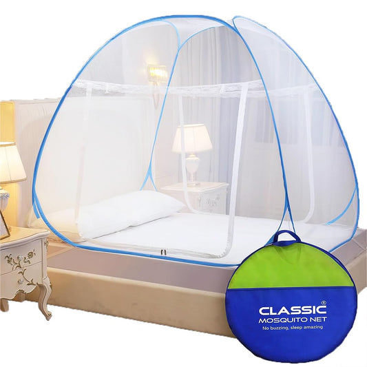 Classic Mosquito Net for Double Bed | King Size Foldable Machardani | Polyester 30GSM Strong Net | PVC Coated Corrosion Resistant Steel Wire - Blue