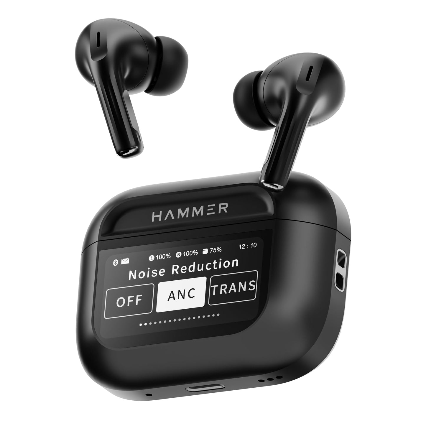 HAMMER Screen TWS, ANC (32dB), Smart Touch Display True Wireless Buds, Type-C Fast Charging, Bv5.4, Find My Earbuds, 4 Mics ENC for Clear Calling, Transparency Mode, EQ Mode (Black)