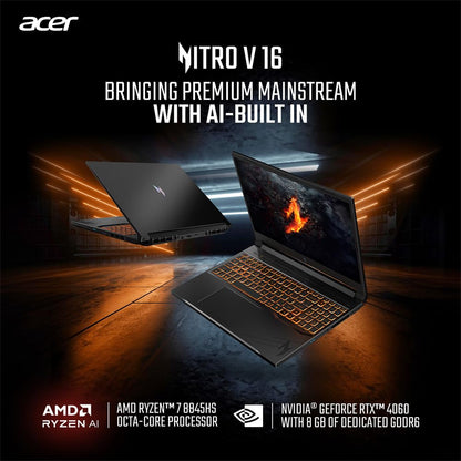 Acer Nitro V 16 AI-Powered Gaming Laptop AMD Ryzen 7-8845HS Processor with RTX 4060 8GB Graphics (16GB DDR5/1TB SSD/Win11 Home/WiFi6/165Hz/57Whr) ANV16-41, 16" WUXGA IPS Display, Obsidian black, 2.5KG