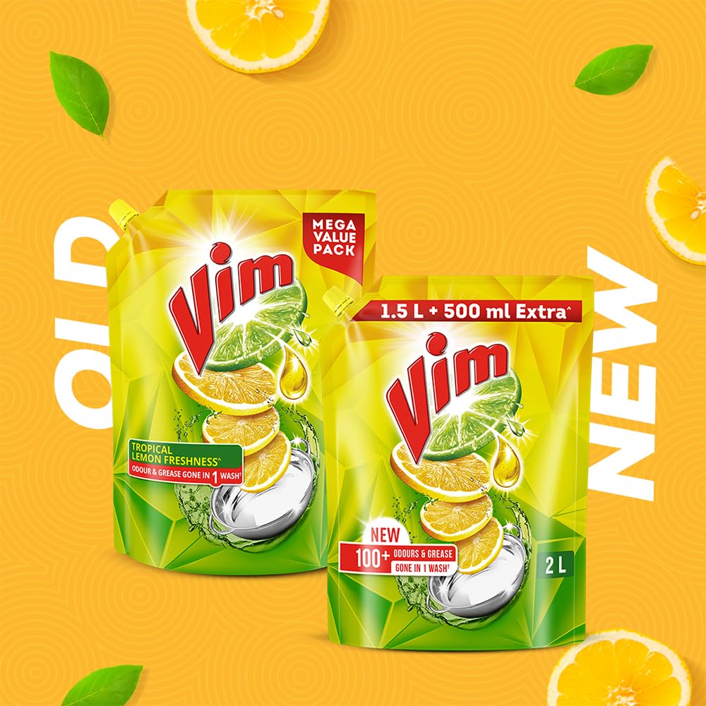 Vim Dishwash Liquid Gel Lemon Refill Pouch, 2 Ltr | Dishwash Gel Infused With The Power Of Lemons | Leaves No Residue