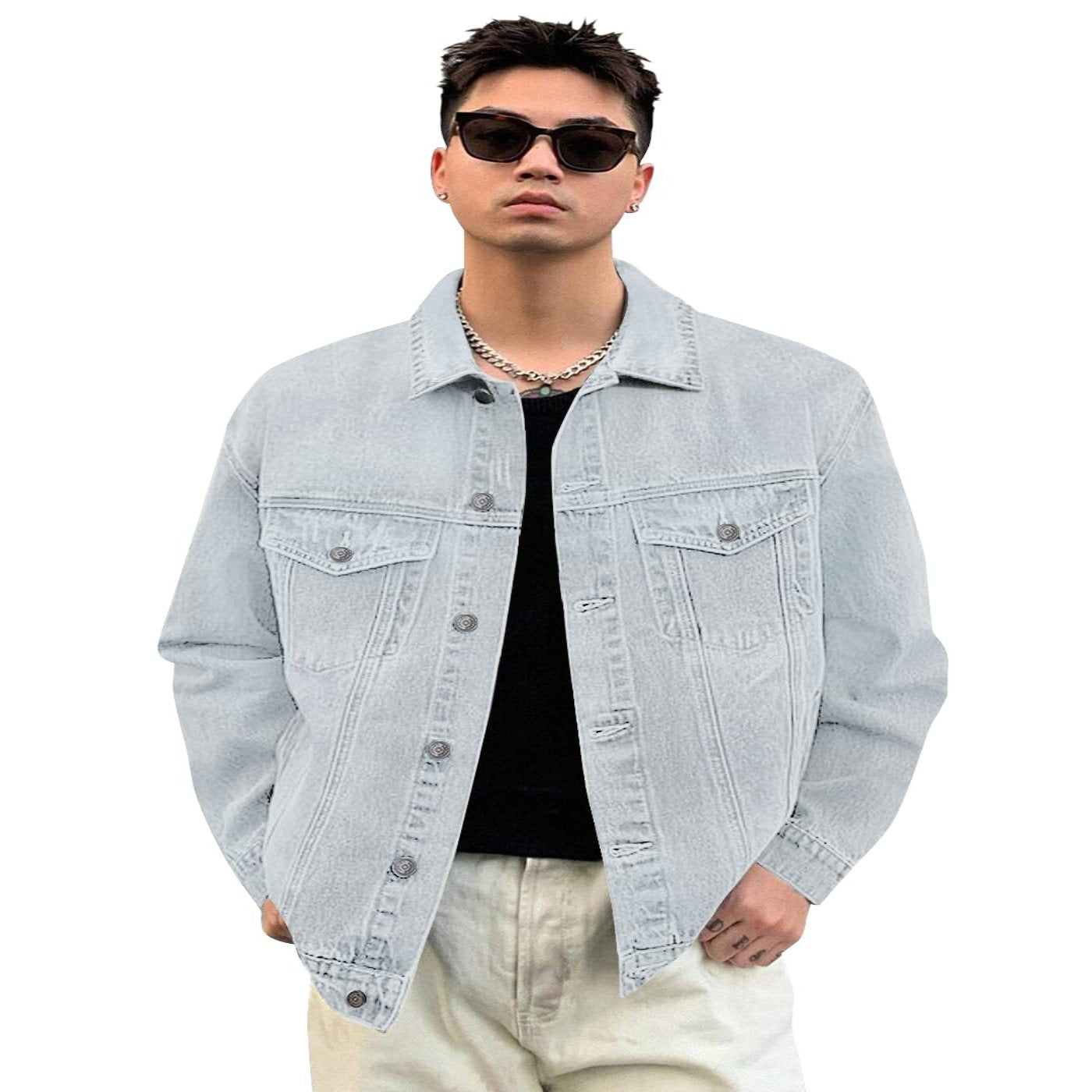 Urbano Fashion Men's White Grey Regular Fit Washed Full Sleeve Denim Jacket