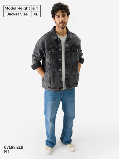 The Souled Store Solids: Ebony Oversized Fit Long Sleeve Collared Neck Button Front Denim Jacket