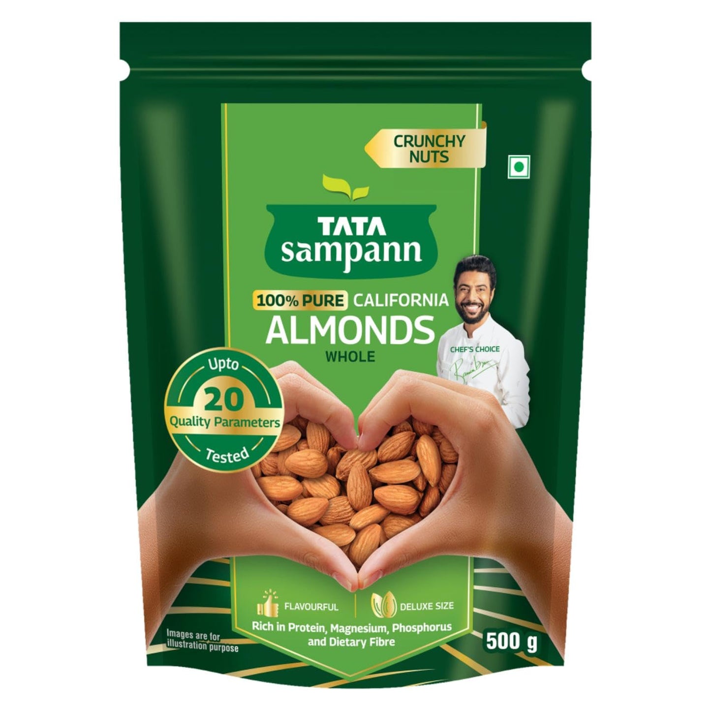 Tata Sampann Pure California Almonds Whole, Badam Giri, Rich in Protein, Magnesium, Phosphorus and Dietary Fibre, Nuts & Dry Fruits, 500g