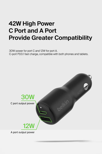 Belkin Dual USB-C Car Charger, 42W (12W+30W) PD, Black