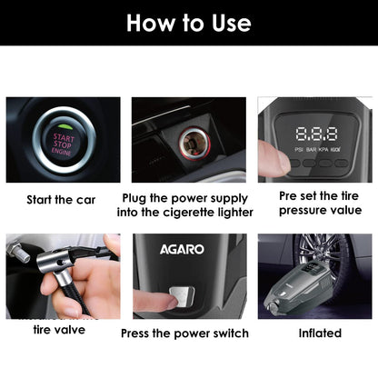 AGARO Primo High Power Digital Tyre Inflator for Car & Bike, Air Inflator Car Accessories, 120 Watt Air Pump with 12V Car Plug, upto 150 Psi, Emergency LED Light, Compact & Portable Air Compressor