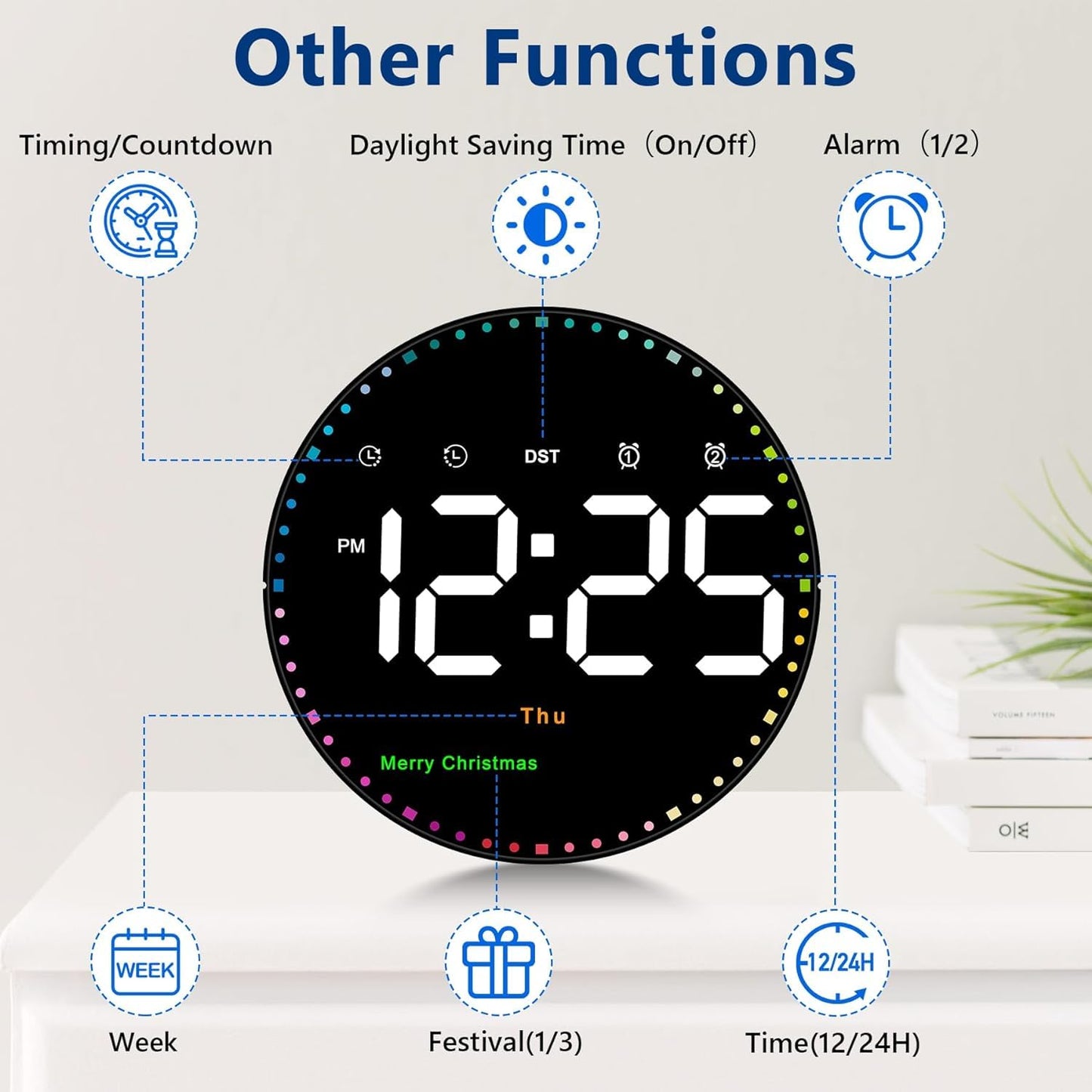 Monomine Digital Wall Clock,10" Digital Clock Large Display with Remote Control,Adjustable Brightness, Calendar, Temperature, 12/24 H, for Living Room Office Bedroom (Cable Oprated)