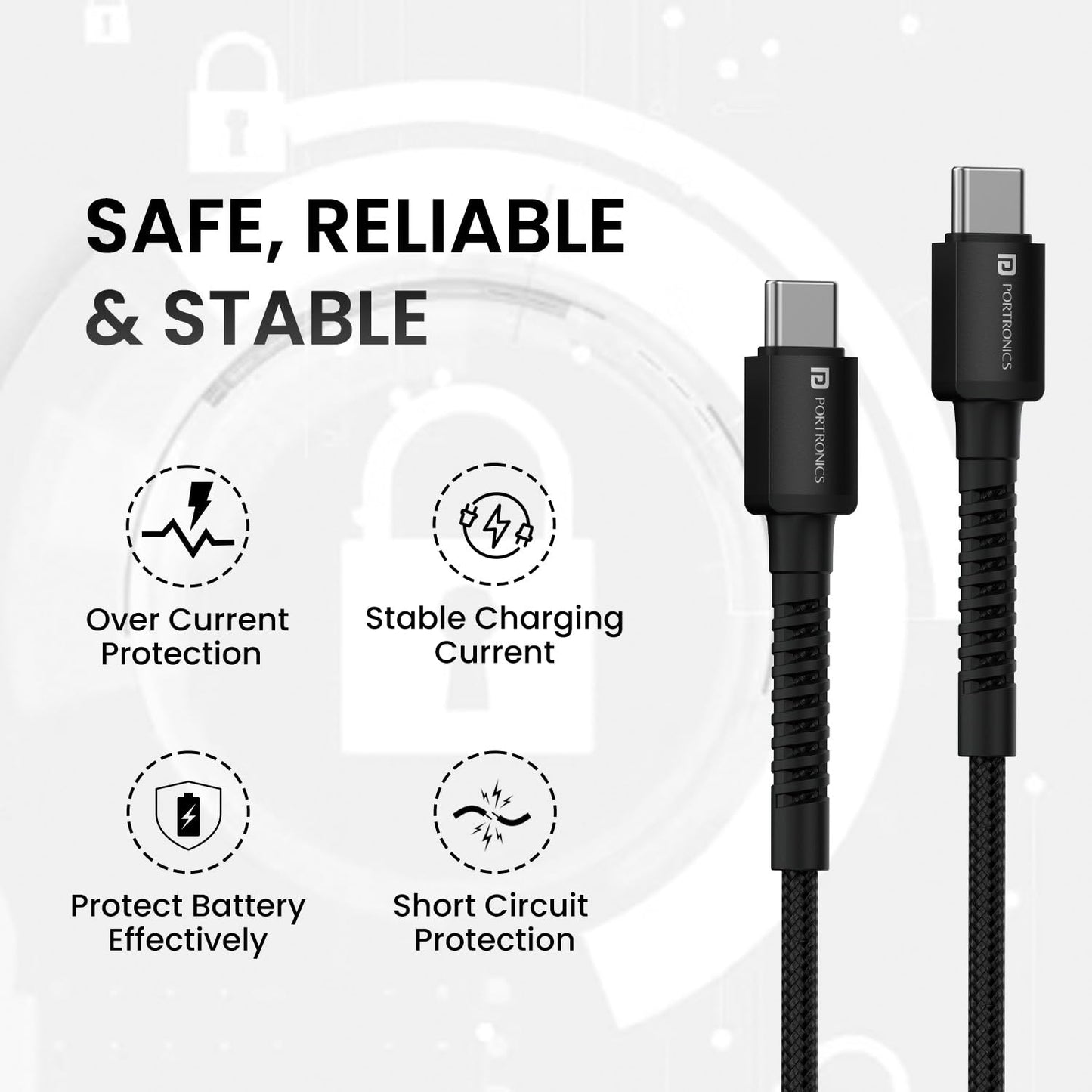 Portronics Konnect X 60W Type C to Type C Unbreakable Nylon Braided Cable, 1M Fast Charging Cable for iPhone 15 series, iPad, Samsung Galaxy & other Type C Devices(Black)