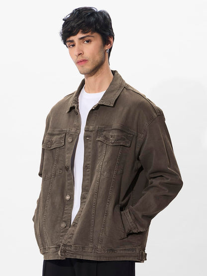 The Souled Store Stone Olive Men and Boys Long Sleeves Collared Neck Button Front Cotton Oversized Denim Jacket