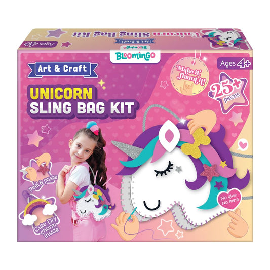 Bloomingo Art & Craft Kit - Unicorn Sling Bag: Fun Mess Free Arts & Craft Kit for Kids; Design Your Own Magical DIY Craft Bag; Birthday Gift for Girls & Boys of Ages 4, 5, 6, 7, 8, 9, 10, 11, 12