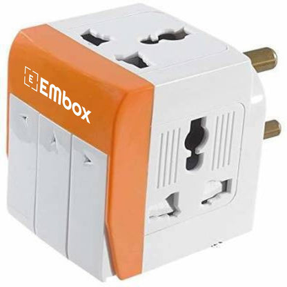 EMBOX 3 Pin Multi Plug Socket-Universal Travel Adapter with Individual Switch Safety Shutter LED Indicator-3 Way Plug Extension for Home Office Travel-5A-250V (Orange Pack Off 1)