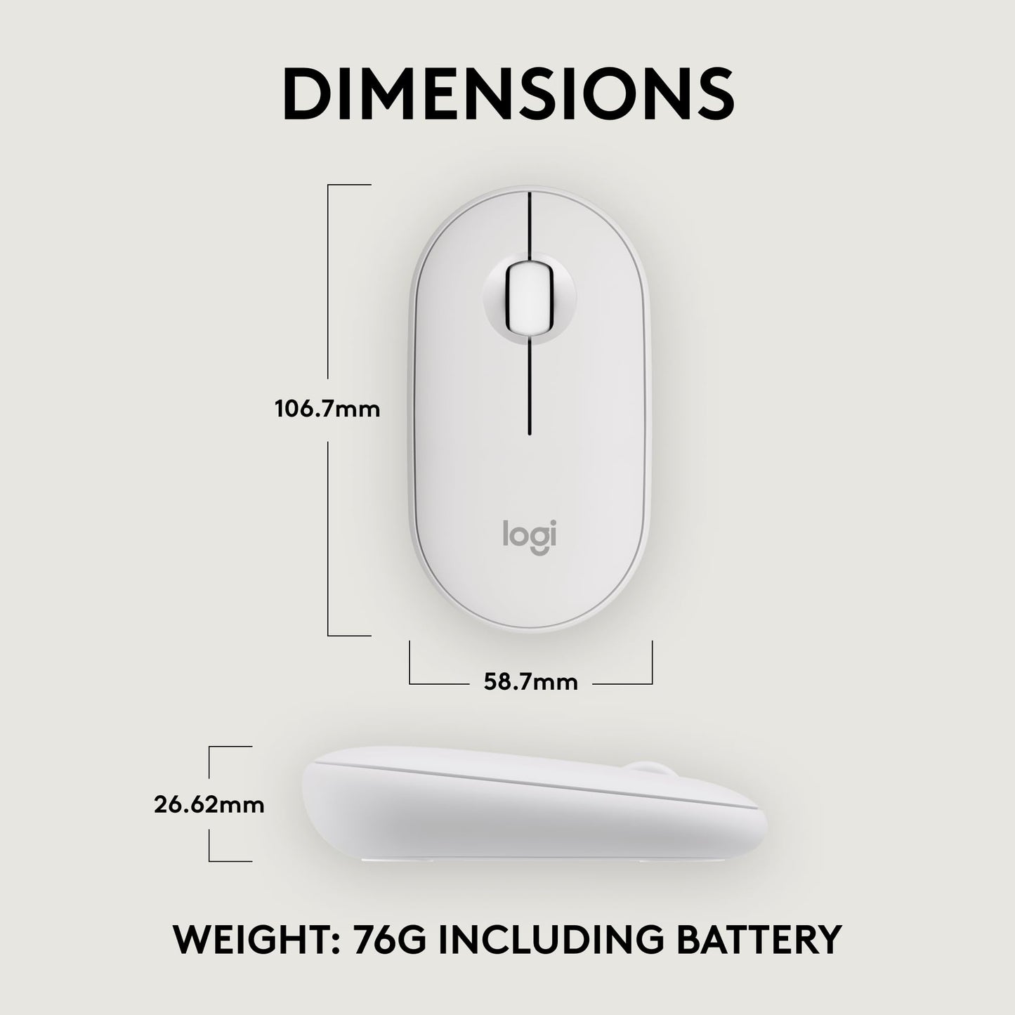 Logitech Pebble Mouse 2 M350s Slim Bluetooth Wireless Mouse, Portable, Lightweight, Customisable Button, Quiet Clicks, Easy-Switch for Windows, macOS, iPadOS, Android, Chrome OS - Tonal White