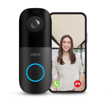 wipro Smart Wi-Fi Video Doorbell | 2 MP 1080p Full HD Camera with Night Vision | Two-Way Communication | AI Motion Detection | Indoor Chime with 50 Tunes | Rain & Dust Proof | Black