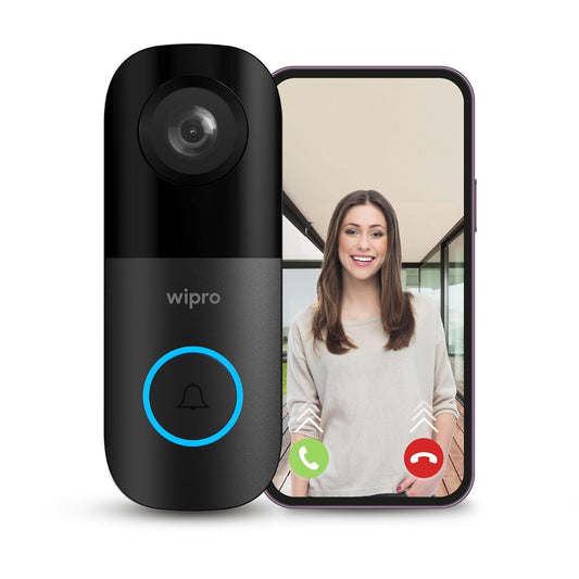 wipro Smart Wi-Fi Video Doorbell | 2 MP 1080p Full HD Camera with Night Vision | Two-Way Communication | AI Motion Detection | Indoor Chime with 50 Tunes | Rain & Dust Proof | Black