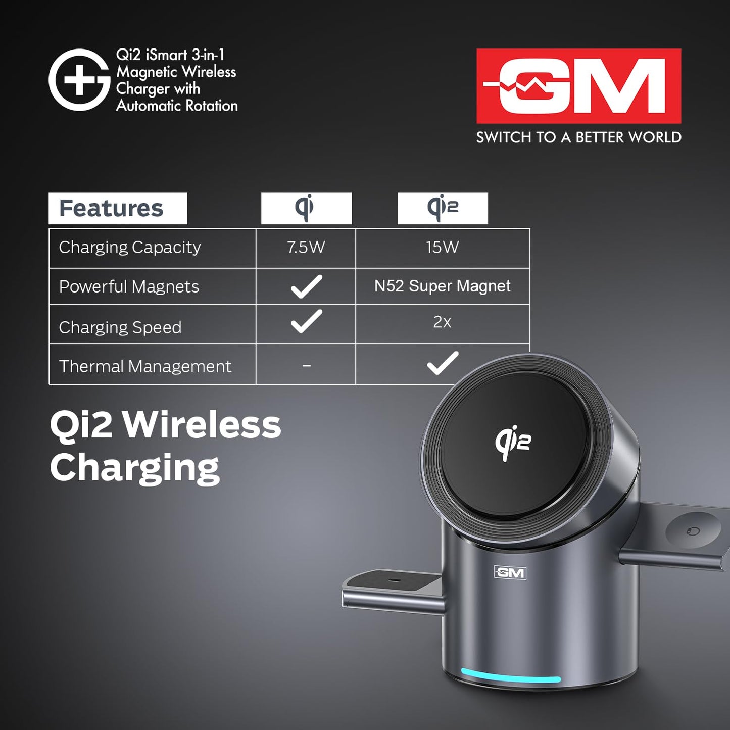 GM G+ iSmart Qi2 3-in-1 Magnetic Wireless Charger with Automatic Rotation|15W Fast Charging with Super Magnet|Pop-up Design|180° Touch Rotation|for iPhone Apple Watch Earbuds Qi2 Compatible Devices