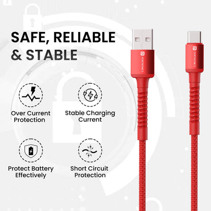 Portronics Konnect X Unbreakable Nylon Braided USB A to Type C Cable with 6Amp Output, Compatible with OnePlus, Oppo, iPhone 15, iPad & other Type C Smartphone & Devices, 1M Length (Red)