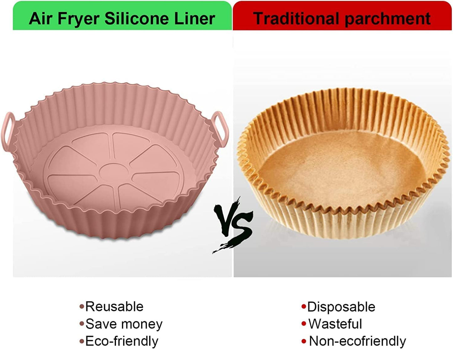 Xacton Air Fryer Liners I Round Silicone Basket Baking Tray I Pot with Ear Handles I Nonstick Reusable Heat Resistant I Cooking Oven Insert Accessories - Multicolor (8 inch, Pack of 2)