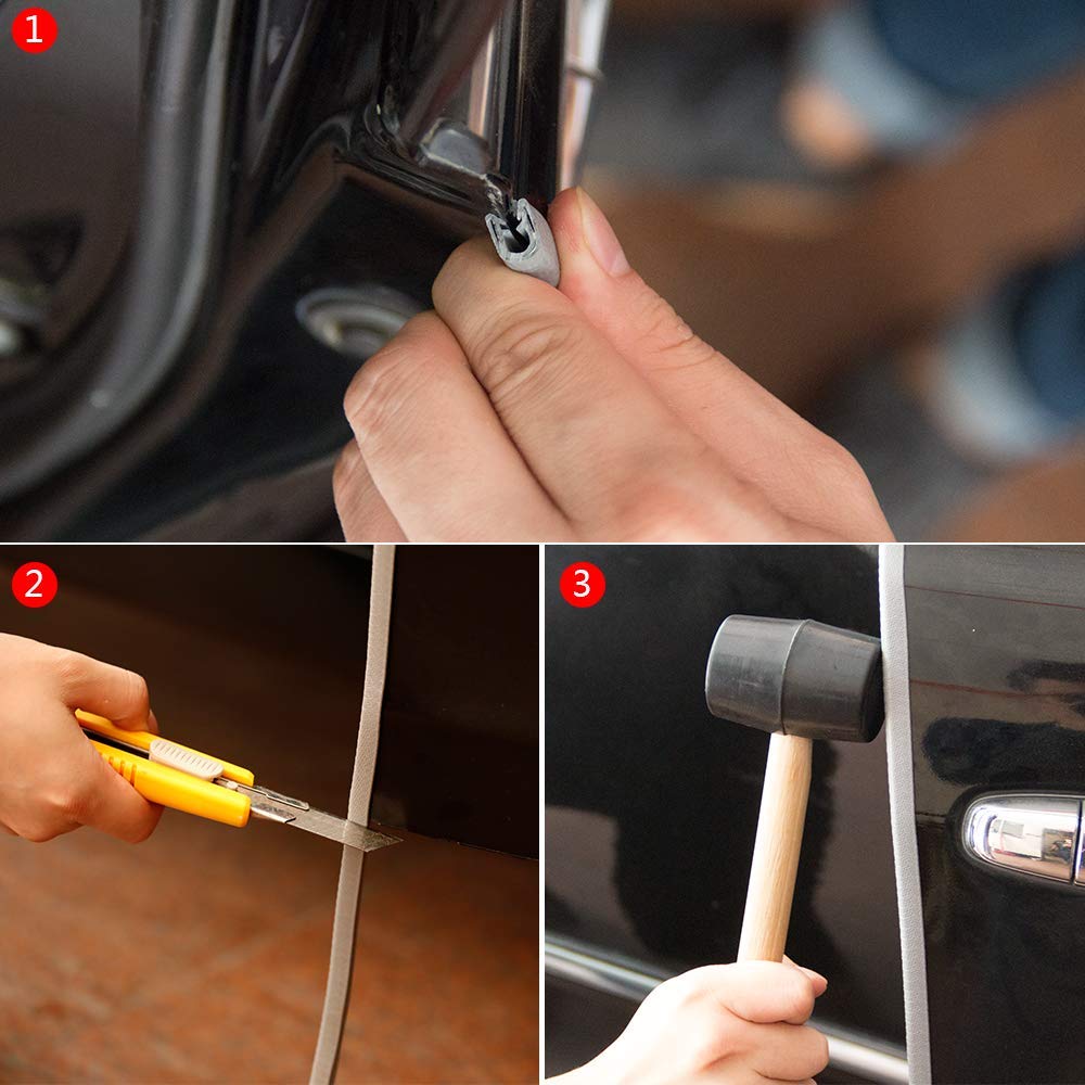 Detailed installation of the rubber strip on the car door for edge protection