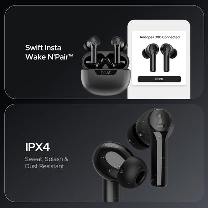 boAt Airdopes 300 Premium Truly Wireless in-Ear Earbuds with 4 Mics AI-ENx Spatial Audio,50HRS Playtime,Multipoint Connection,ASAP Charge, Hearables App, IPX4, BT v5.3 Ear Buds TWS (Gunmetal Black)