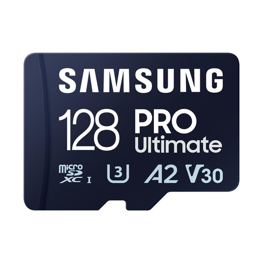 SAMSUNG PRO Ultimate microSD Memory Card + Adapter, 128GB microSDXC, Up to 200 MB/s, 4K UHD, UHS-I, Class 10, U3,V30, A2 for Action Camera, Drone, Gaming, Phones, Tablets, MB-MY128SA/WW