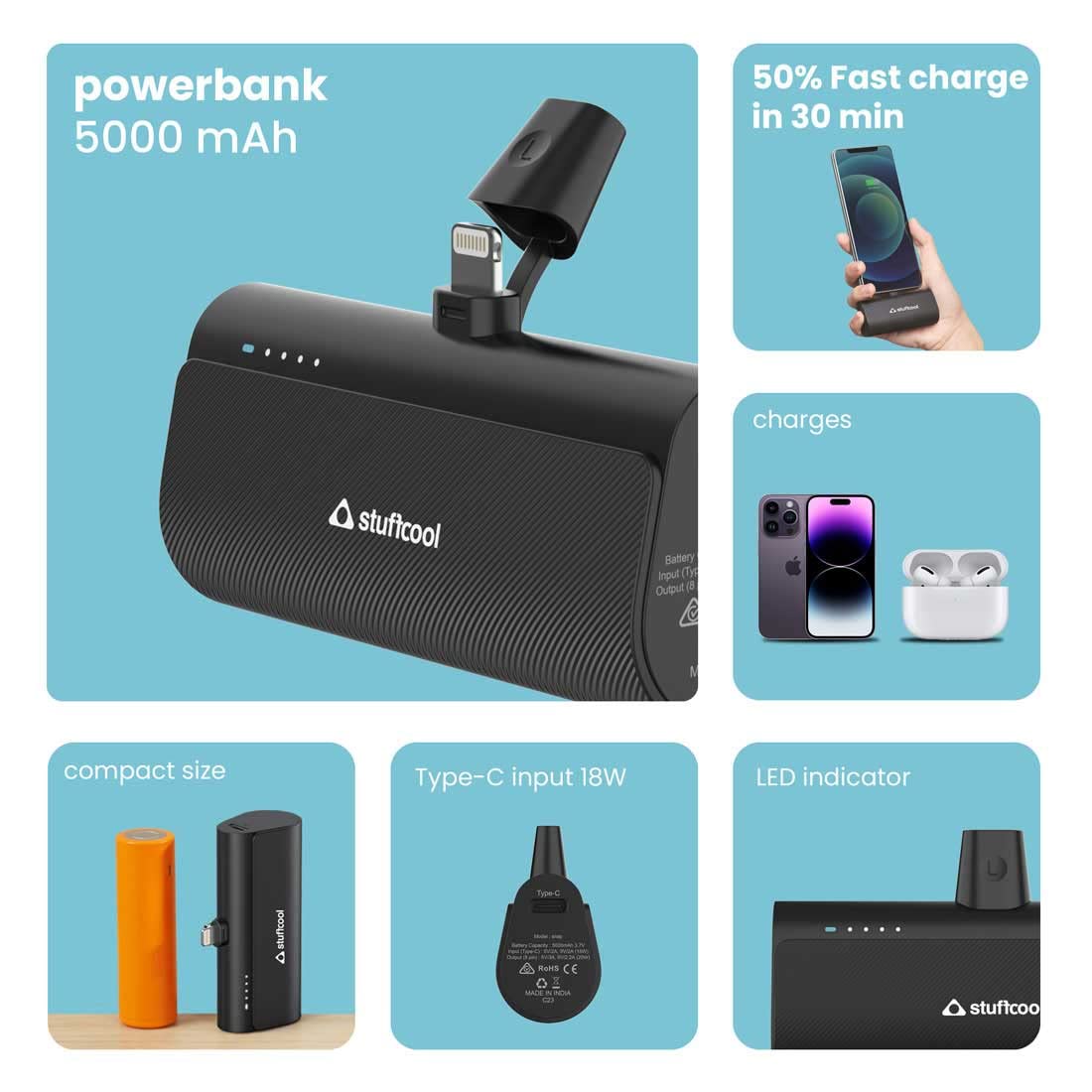 Stuffcool Snap 5000mAh Super Compact Lightning Power Bank with 20W PD Output, Charges Any iPhone 50% in 30 mins, Compatible with All iPhones, iPads, Airpods (Black)