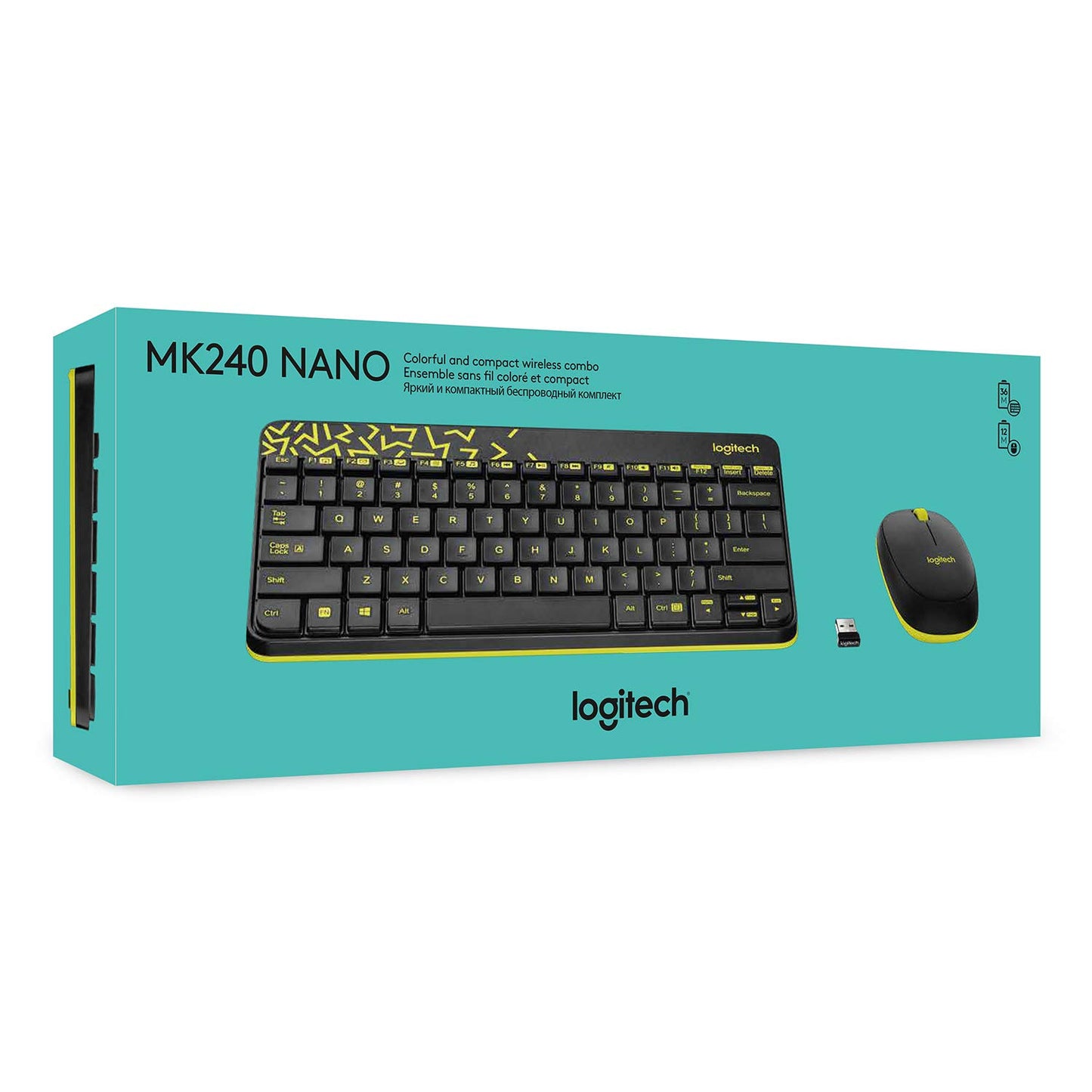 Logitech MK240 Nano Wireless USB Keyboard and Mouse Set, 12 Function Keys 2.4GHz Wireless, 1000DPI, Spill-Resistant Design, PC/Mac, Black/Chartreuse Yellow