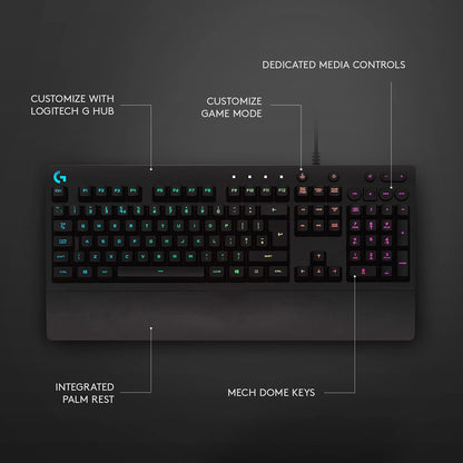 Logitech G213 Prodigy USB Gaming Keyboard, LIGHTSYNC RGB Backlit Keys, Spill-Resistant, Customizable Keys, Dedicated Multi-Media Keys - Black