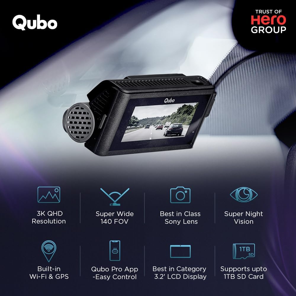 Qubo Car Dash Cam Pro 3K by Hero Group, HDR Dual Channel, Made in India, Sony STARVIS IMX335 Sensor, 3K 5MP Front QHD 2MP Rear FHD, 140° View, 3.2" LCD Display, GPS Log, Supports Up to 1 TB SD Card