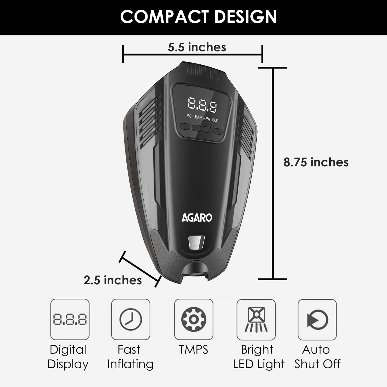 AGARO Primo High Power Digital Tyre Inflator for Car & Bike, Air Inflator Car Accessories, 120 Watt Air Pump with 12V Car Plug, upto 150 Psi, Emergency LED Light, Compact & Portable Air Compressor