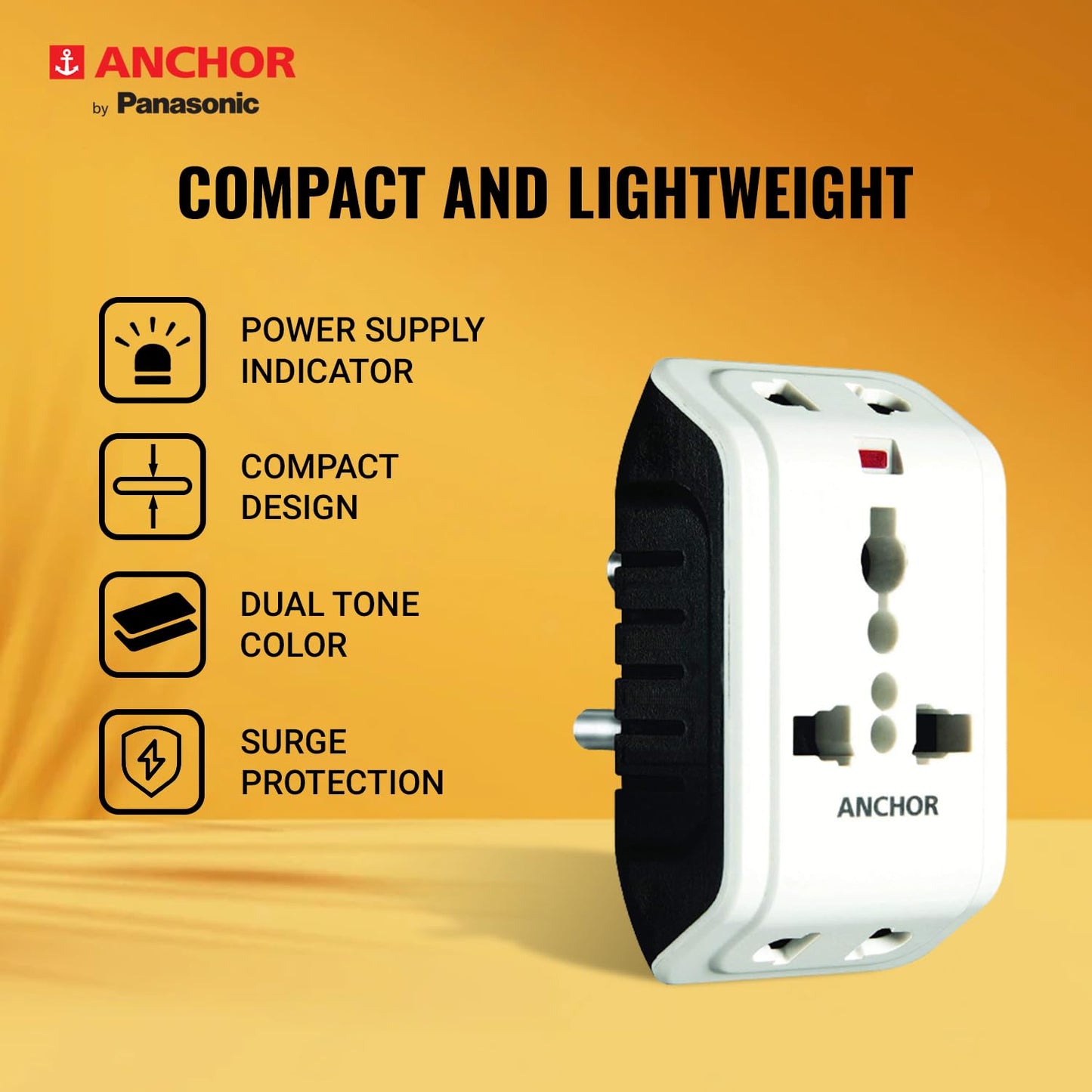 ANCHOR 6A 3 Pin Multi Plug Socket Travel Adapter with Universal Socket, 3 Pin Multi Plug Extension Socket (White - PK2)