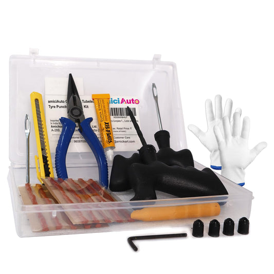 amiciAuto Complete Tubeless Tyre Puncture Repair Kit with Box (Nose Pliers, Cutter and Strips)