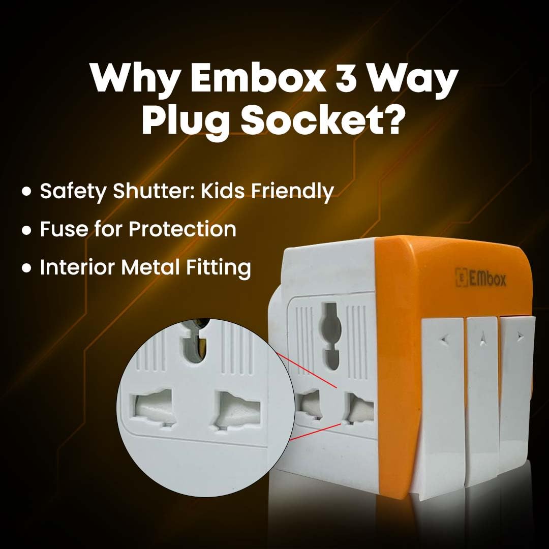 EMBOX 3 Pin Multi Plug Socket-Universal Travel Adapter with Individual Switch Safety Shutter LED Indicator-3 Way Plug Extension for Home Office Travel-5A-250V (Orange Pack Off 1)