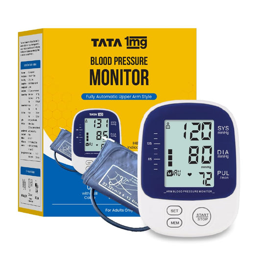 TATA 1mg Blood Pressure Monitor | Digital BP check machine for home | Large, backlit LCD Display & One Touch Operation | Free Travel Pouch | With USB cable & AA battery | Memory 99 sets for 2 users