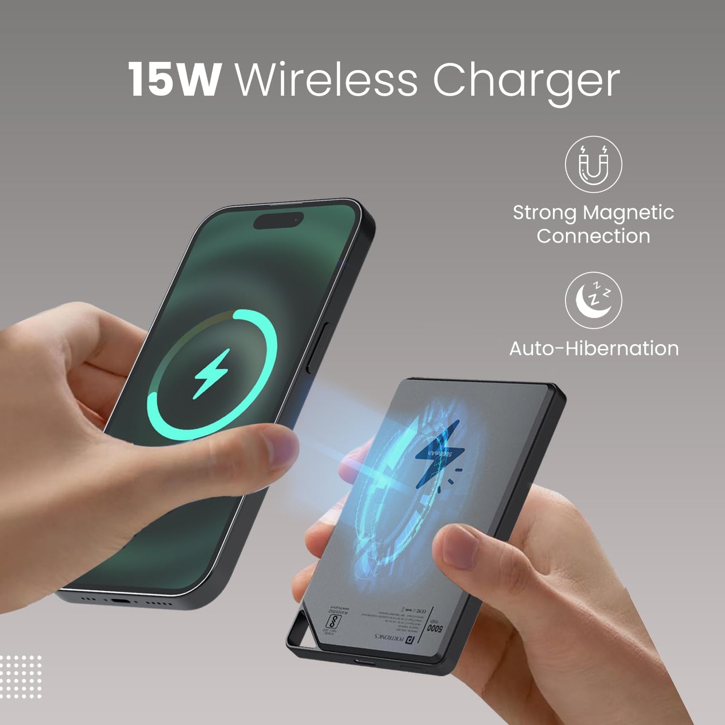 Portronics Boosty 5k 5000mAh 15W Wireless Magnetic Fast Charging Slimmest Powerbank, Metallic Finish, 20W Type C PD Output, Light Weight, Compatible with iPhone 12 Above, Other Qi Enabled Devices