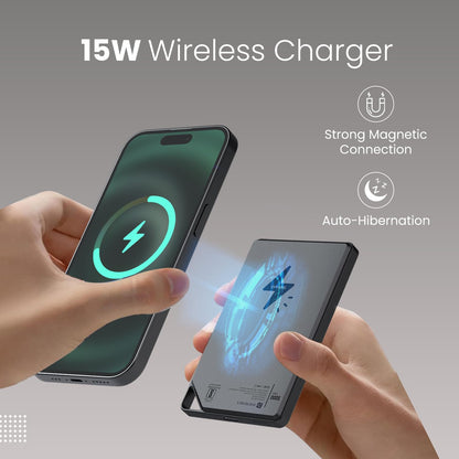 Portronics Boosty 5k 5000mAh 15W Wireless Magnetic Fast Charging Slimmest Powerbank, Metallic Finish, 20W Type C PD Output, Light Weight, Compatible with iPhone 12 Above, Other Qi Enabled Devices