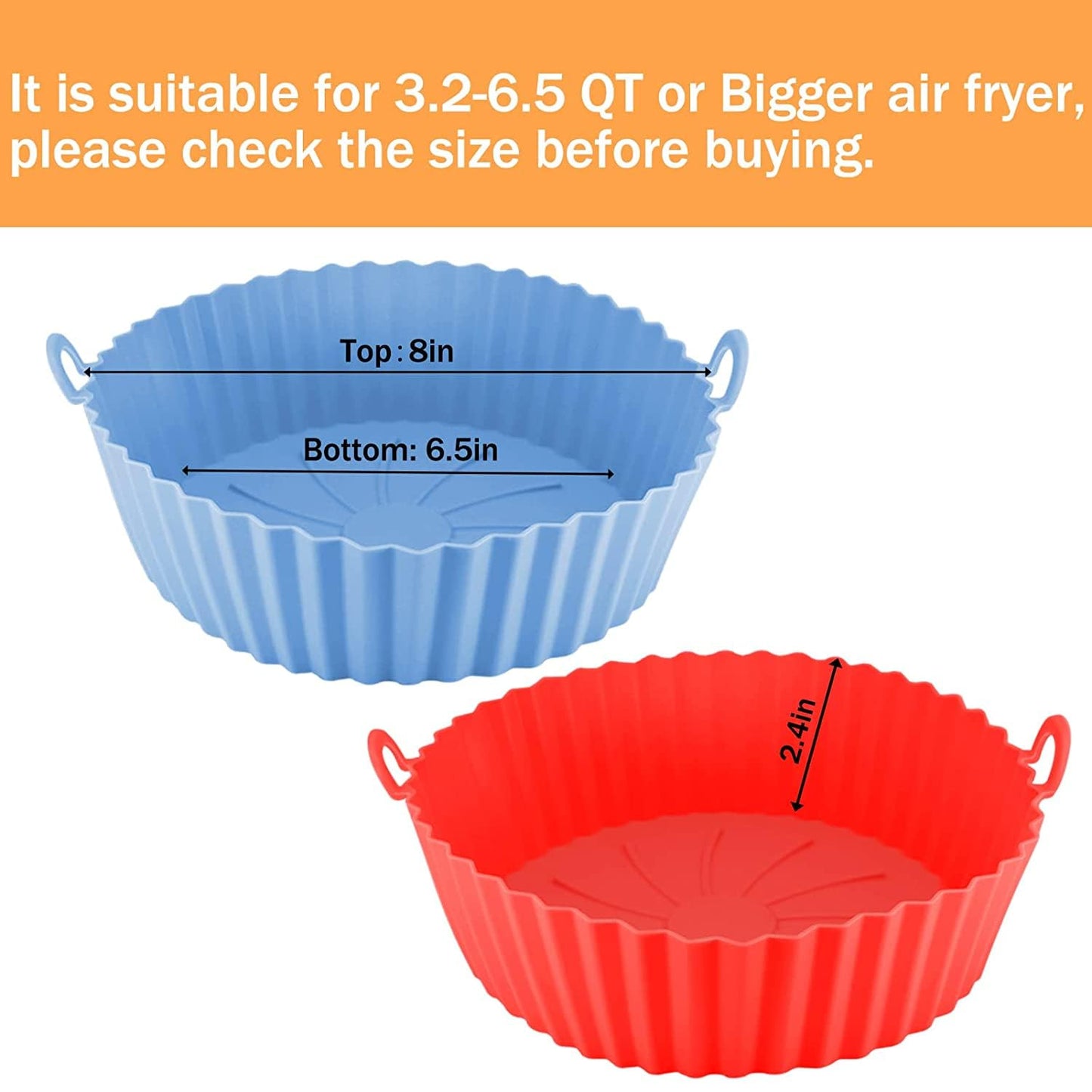 Xacton Air Fryer Liners I Round Silicone Basket Baking Tray I Pot with Ear Handles I Nonstick Reusable Heat Resistant I Cooking Oven Insert Accessories - Multicolor (8 inch, Pack of 2)