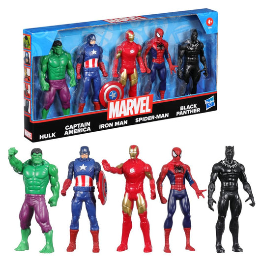 Marvel 6-Inch (15 CM) Hulk, Captain America, Iron Man, Spider-Man, & Black Panther Action Figure Set with Shield Accessory, Super Hero Toys, Ages 4+