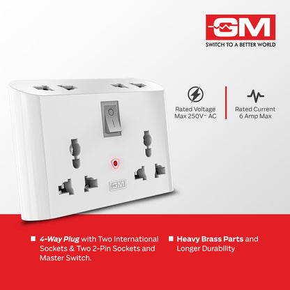 GM 3019 3 Pin Universal Multi Plug Travel Adaptor with 6 AMP for Home applications, Computers, Laptops