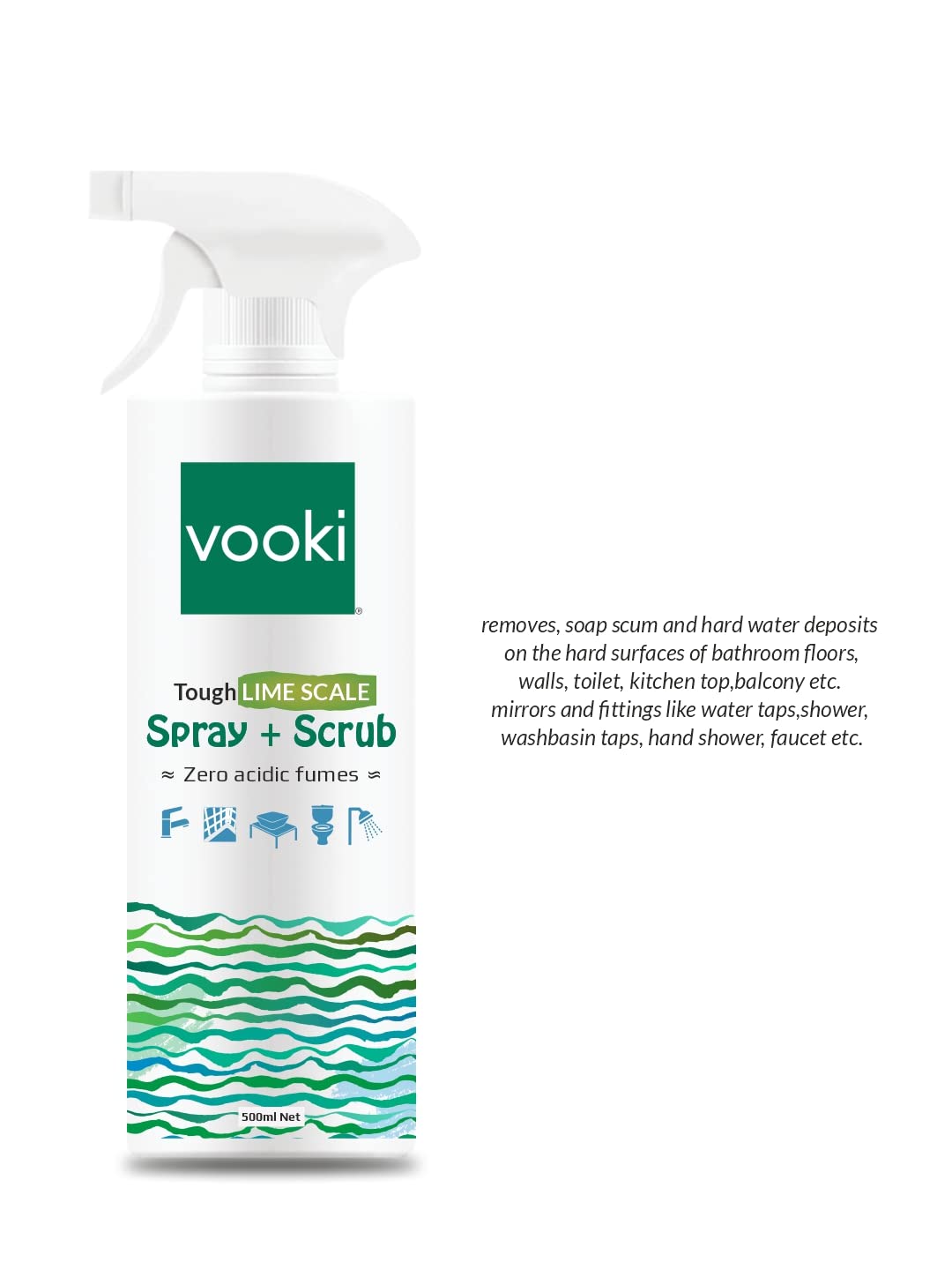 Vooki Ecofriendly Tough Lime Scale Hard Water Stain Remover, Spray and Scrub Cleaner for Bathroom,Taps, Faucet, Basins, Showers & Floor Tiles Cleaner- 500 ml (Pack of 2)