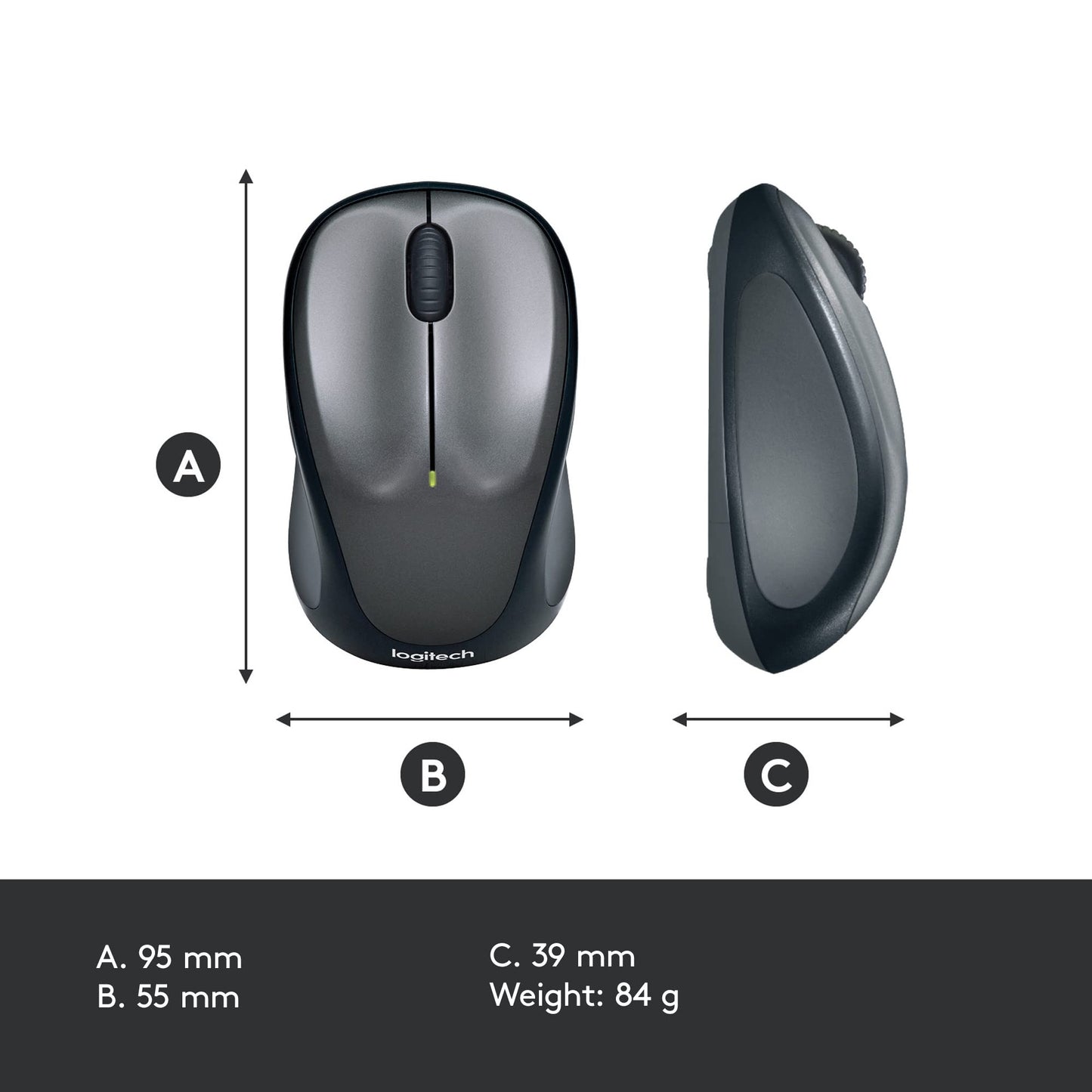 Logitech M235 Wireless Mouse, 1000 DPI Optical Tracking, 12 Month Life Battery, Compatible with Windows, Mac, Chromebook/PC/Laptop - Grey