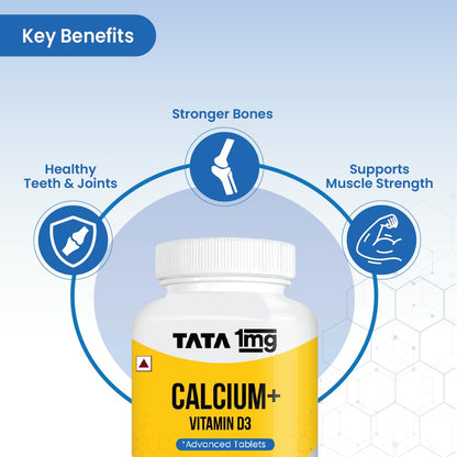 TATA 1mg Calcium & Vitamin D3 supplement with Zinc, Magnesium & Alfalfa | High absorption Calcium Citrate Maleate form | 500mg Calcium & 400iu Vitamin D3 | For strong bones & joints | 60 tablets