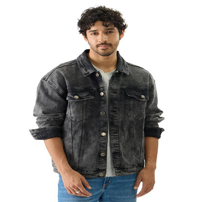 The Souled Store Solids: Ebony Oversized Fit Long Sleeve Collared Neck Button Front Denim Jacket