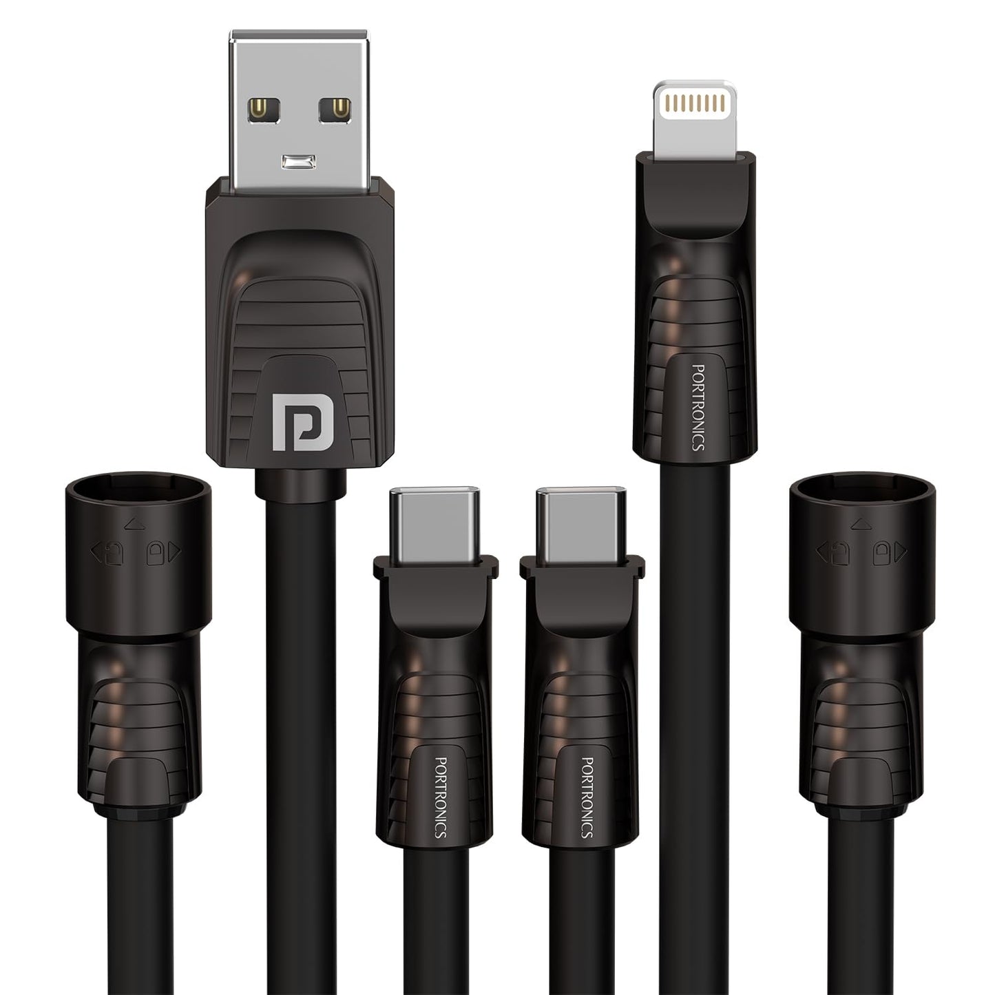 Portronics Konnect Tetra 60W 4 in 1 Multi Functional Fast Charging PD Cable with 1.4M Length, 480Mbps Data Sync, Compatible with All Type C Android Smartphone & Lightning Device(Black)