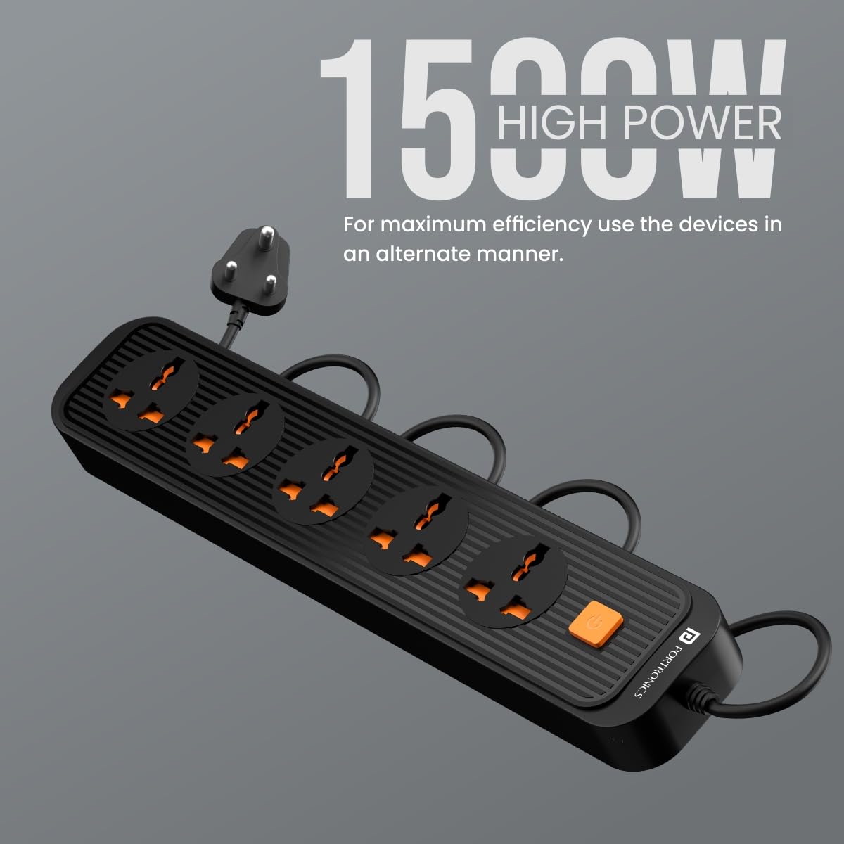 Portronics Power Plate 13 Multiplug Extension Board with 5 Power Sockets, 1500W, 2M Cord Length, Fire Proof Material, Short Circuit Protection(Black)