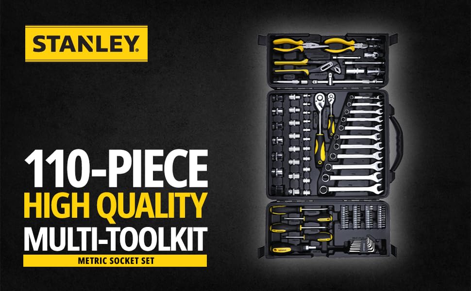 Stanley STMT81243 110-Piece High Quality Multi-Toolkit containing Pliers, Spanners, Drivers, Sockets, Bits, Wrenches & Ratchets for Home, DIY & Professional Use, 1 Year Warranty, Yellow & Black