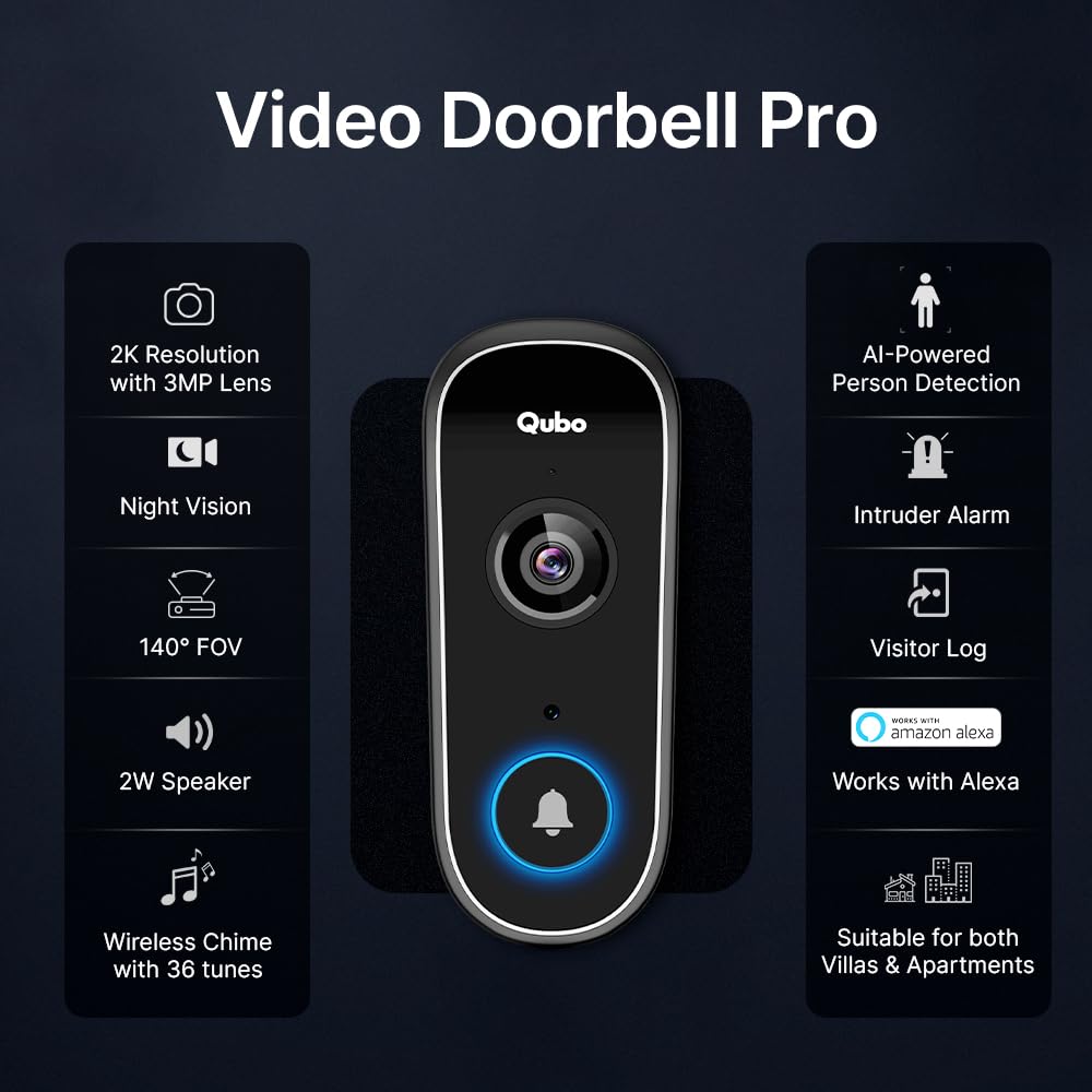 Qubo Instaview New Age Doorphone from Hero Group | Video Doorbell Pro 2K + Home Tab | Instant Phone & Tab Visitor Video Call | 3MP 1296P Resolution | 2Way Talk | Alexa & OK Google | Chime |2024 Launch